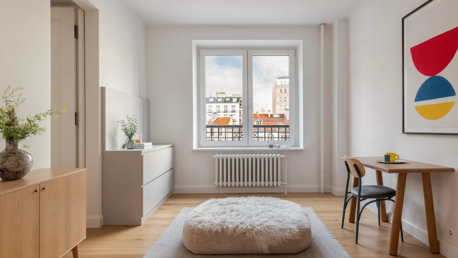 Petit studio lumineux à Tours avec parquet, radiateur et vue sur les toits