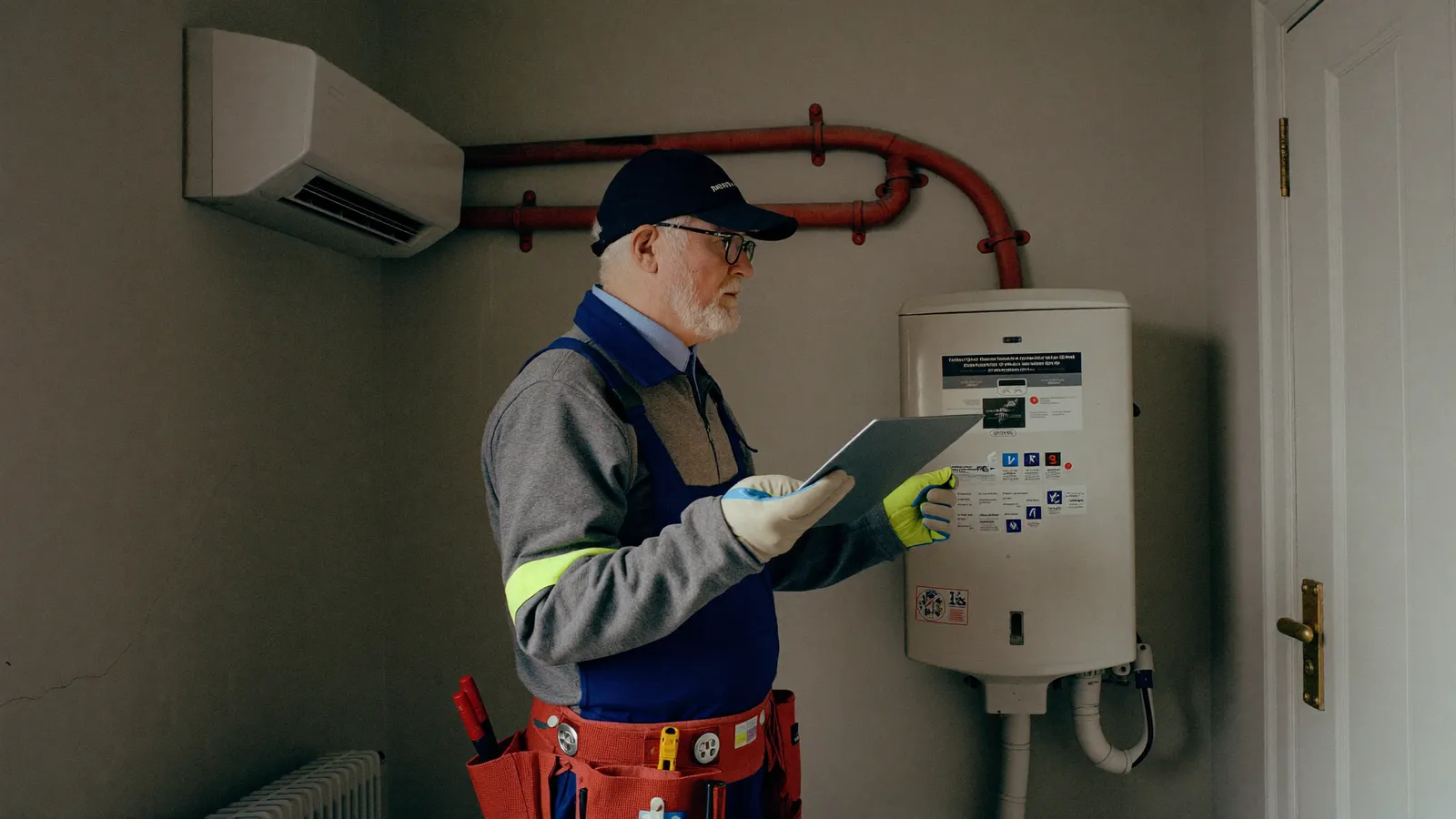 Diagnostiqueur avec une tablette inspectant une chaudière gaz
