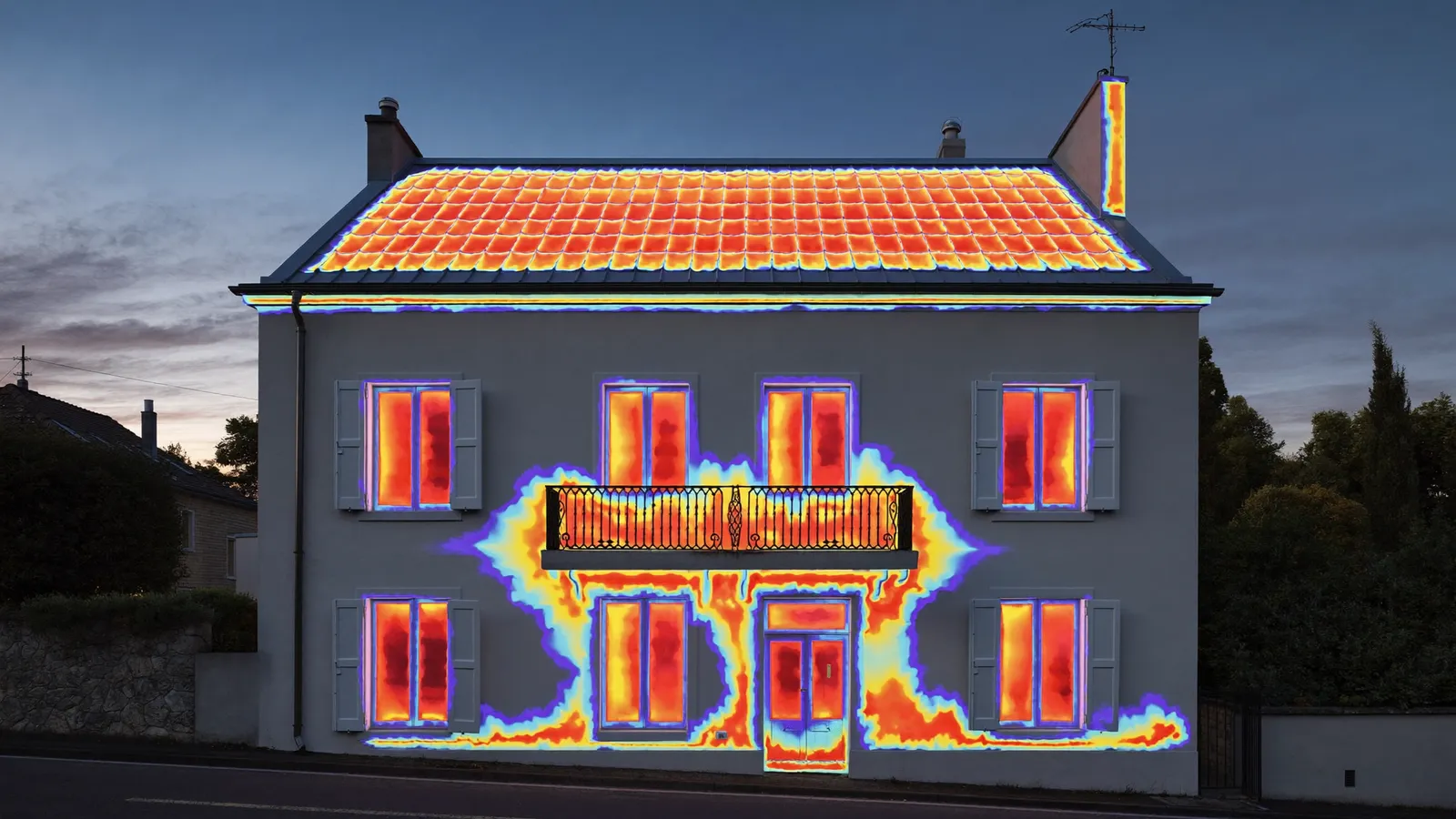 Thermographie d'une maison montrant les déperditions de chaleur par le toit, les fenêtres et la porte